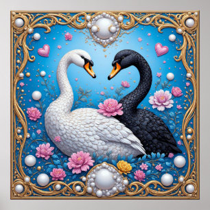 Hochzeitsschwäne, gerahmt mit Gold und Blüten Poster