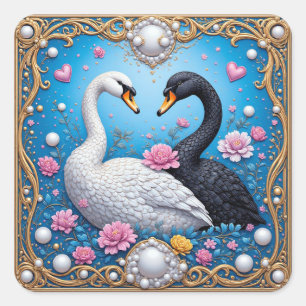 Hochzeitsschwäne, gerahmt mit Gold und Blüten Quadratischer Aufkleber