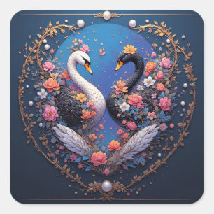 Hochzeitsschwäne, gerahmt mit Gold und Blüten Quadratischer Aufkleber