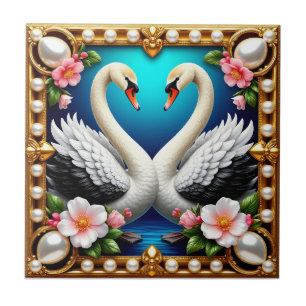 🦢 Hochzeitsschwäne Goldrahmen Florale Romantische Fliese