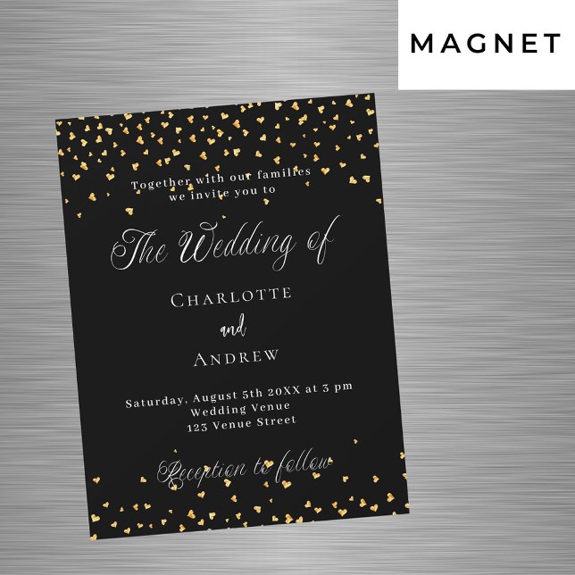 Hochzeitsschwarz goldene Herzen eleganter Drehbuch Magneteinladung (Von Creator hochgeladen)
