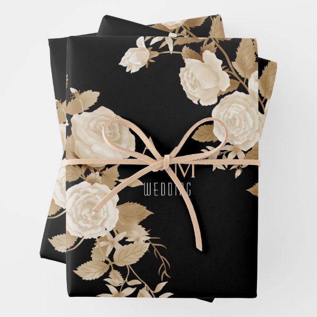 Hochzeitsschwarz-Monogramm-Rose Geschenkpapier Set (Beispiel)