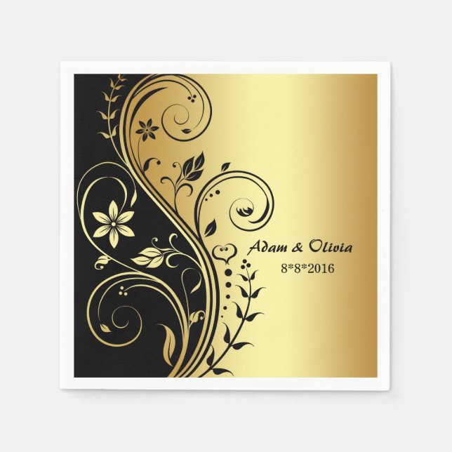 Hochzeitsscroll Black Gold Napkin Serviette (Vorderseite)
