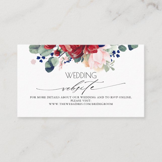 Hochzeitsseite Burgund und Navy Blue Floral Visitenkarte (Vorderseite)