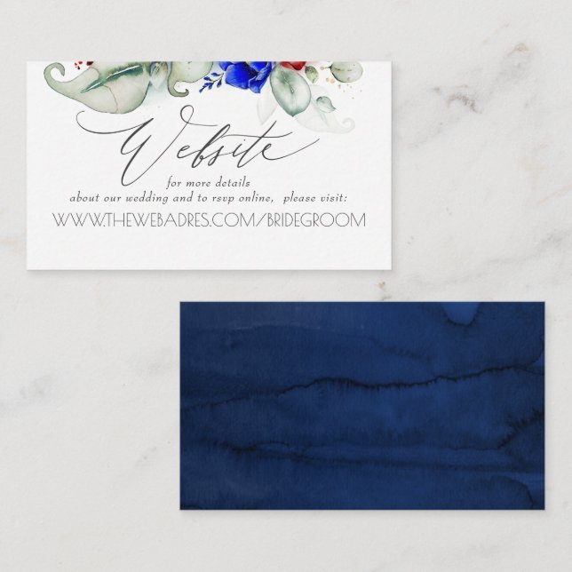Hochzeitsseite Burgund und Navy Blue Floral Visitenkarte (Vorne/Hinten)