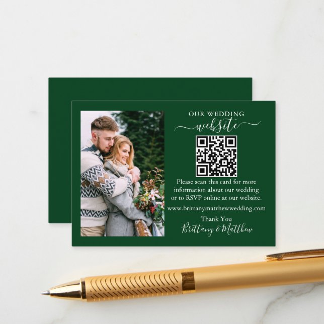 Hochzeitsseite Minimalistisches QR Foto Green Begleitkarte (Vorderseite/Rückseite Beispiel)