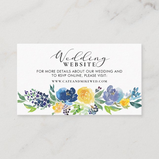 Hochzeitsseite Navy Blue and Yellow Floral Visitenkarte (Vorderseite)