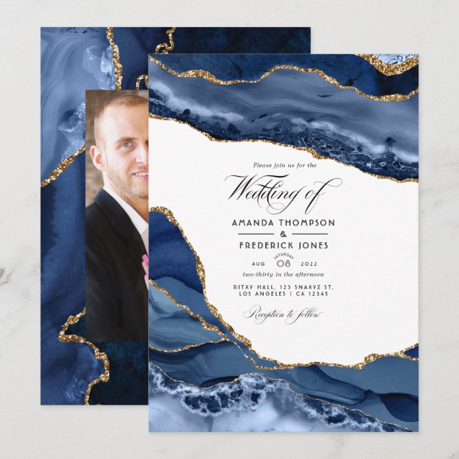 Hochzeitssemble für Navy und Gold Agate Stone Einladung (Vorne/Hinten)