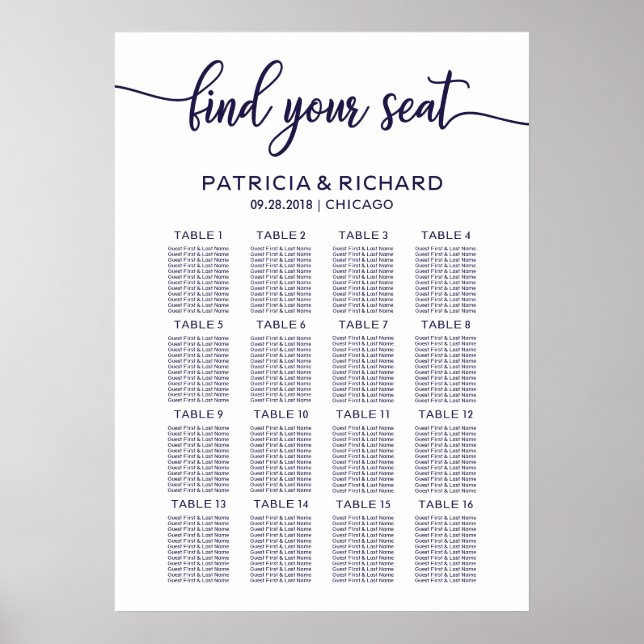 Hochzeitssessendiagramm elegant schicke Marine Bla Poster (Vorne)
