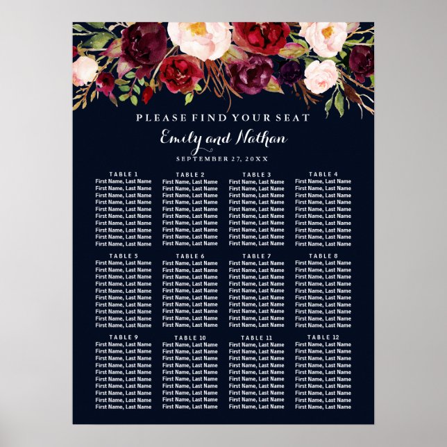 Hochzeitssitzdiagramm Burgundy Navy Floral Poster (Vorne)