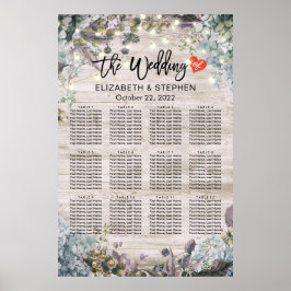 Hochzeitssitzdiagramm mit floralen Holzsaitenleuch Poster