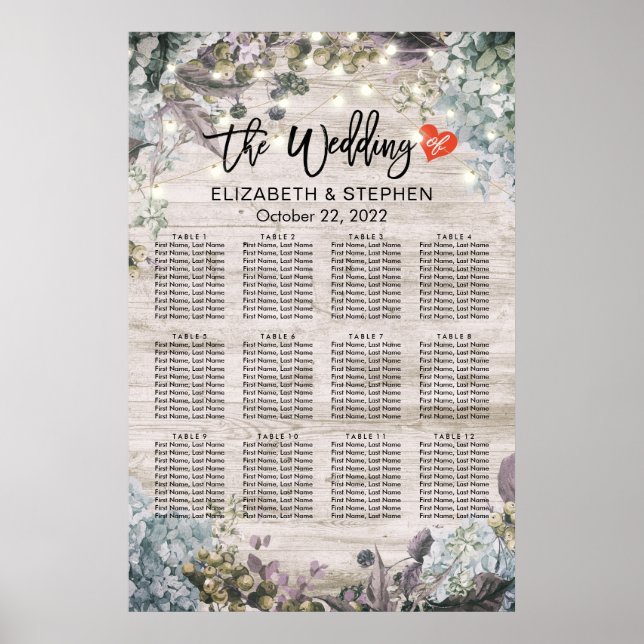 Hochzeitssitzdiagramm mit floralen Holzsaitenleuch Poster (Vorne)