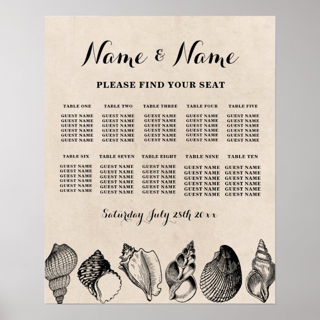Hochzeitssitze 10 Sitzplätzchen Muscheln Meer Poster (Vorne)