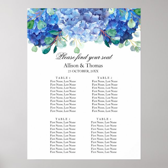 Hochzeitssitze Begrüßungsbanner Blau-Hydrangea Poster (Vorne)