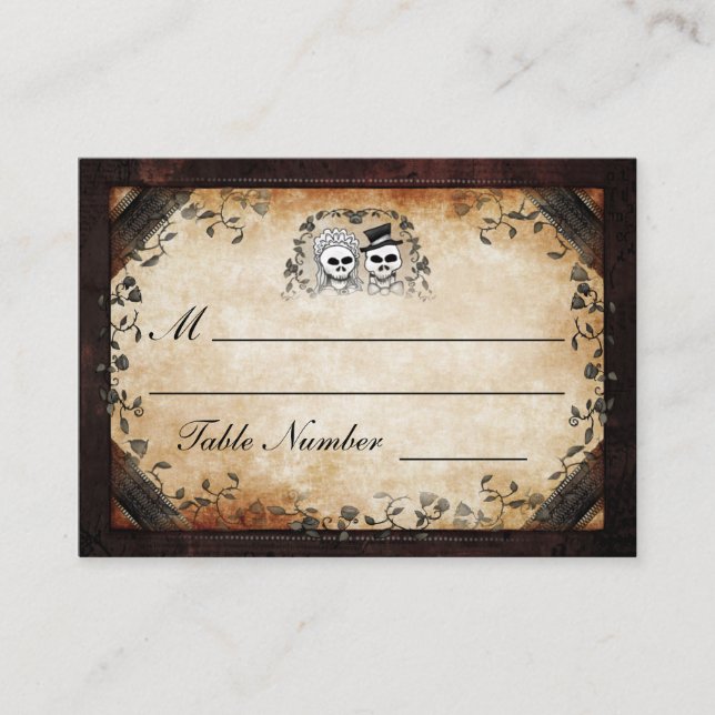 Hochzeitssitze - braune gotische Halloween-Skelett Platzkarte (Vorderseite)