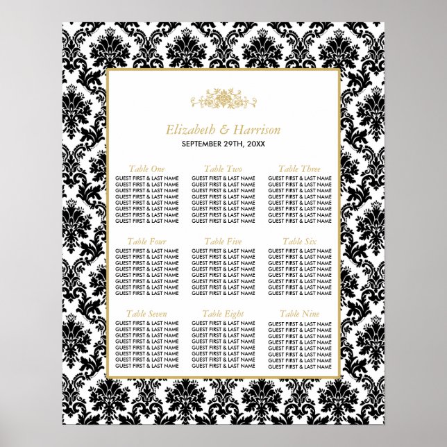 Hochzeitssitze mit Vintagem Gold, Schwarz und Weiß Poster (Vorne)
