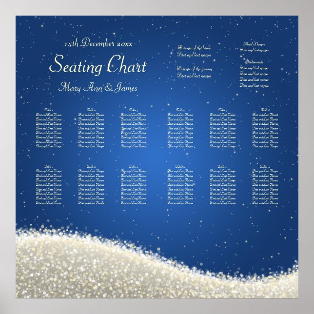 Hochzeitssitzkarte blauer Glitzern Poster (Vorne)
