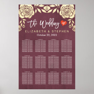 Hochzeitssitzkarte Chic Gold Rose Burgundy Red Poster