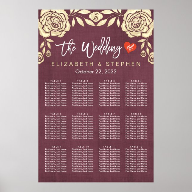 Hochzeitssitzkarte Chic Gold Rose Burgundy Red Poster (Vorne)