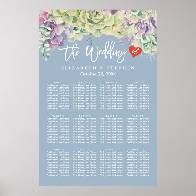 Hochzeitssitzkarte Elegantes Wasserfarben Sukkulen Poster (Vorne)