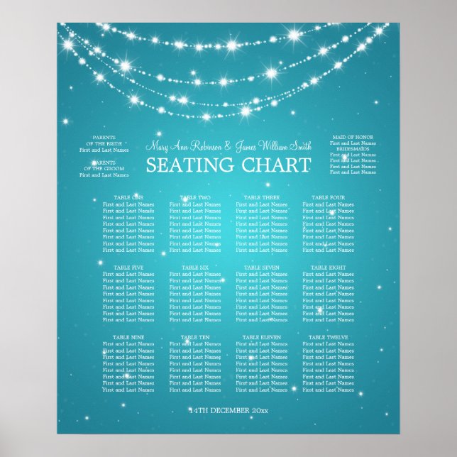 Hochzeitssitzkarte mit glitzernder Kette Türkis Poster (Vorne)