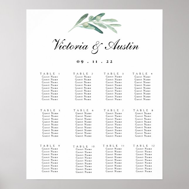 Hochzeitssitzkarte, rustikal, Olivenzweig Poster (Vorne)