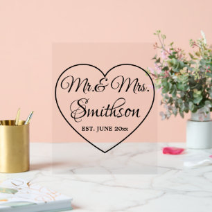 Hochzeitsskript-Herz Custom Nachname Mr. Mrs. year Acrylschild