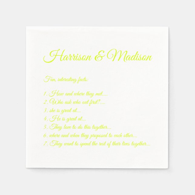 Hochzeitsskript-Namen Couple Fun Facts chartreuse Serviette (Vorderseite)