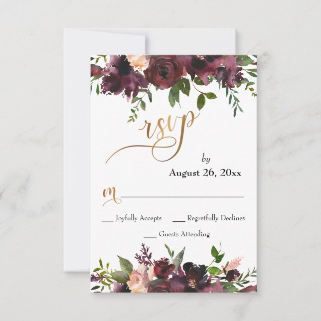Hochzeitsskript RSVP Deep Red Burgundy Floral Gold (Vorderseite)