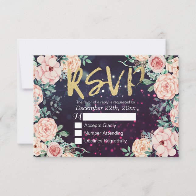 Hochzeitsskript RSVP Reply Chic Floral Lila Gold S (Vorderseite)