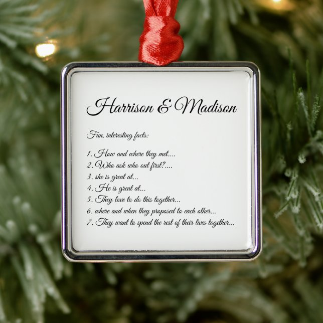 Hochzeitsskriptnamen Couple Fun Fakts Custom Foto Ornament Aus Metall (Baum)