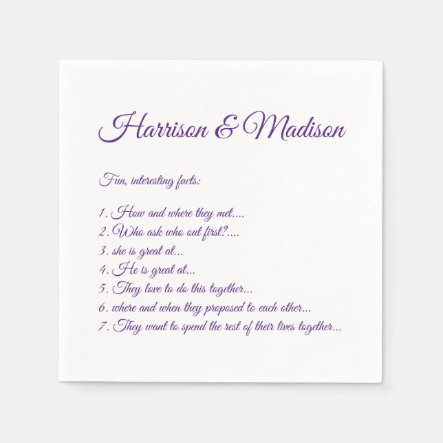 Hochzeitsskriptnamen Couple Fun Fakts lila Papier Serviette (Vorderseite)