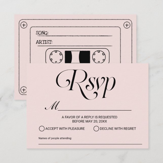 Hochzeitssong-Band-Kassettenband Rosa UAWG RSVP Karte (Vorne/Hinten)