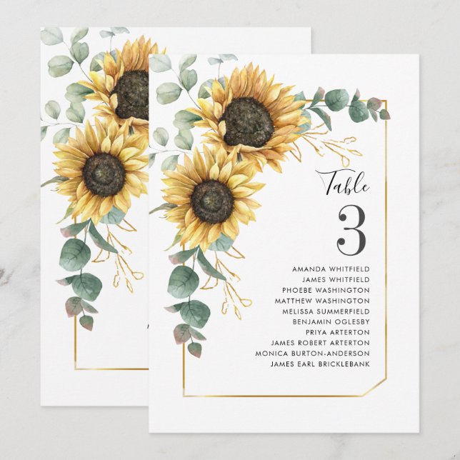 Hochzeitssonnenblume Eukalyptus-Tischnummer Sitzpl Einladung (Vorne/Hinten)