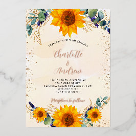 Hochzeitssonnenblumen Eukalyptus Gold rustikal Folieneinladung