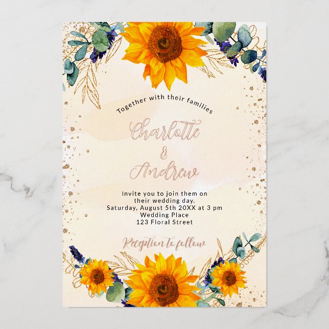 Hochzeitssonnenblumen Eukalyptus Gold rustikal Folieneinladung (Vorderseite)