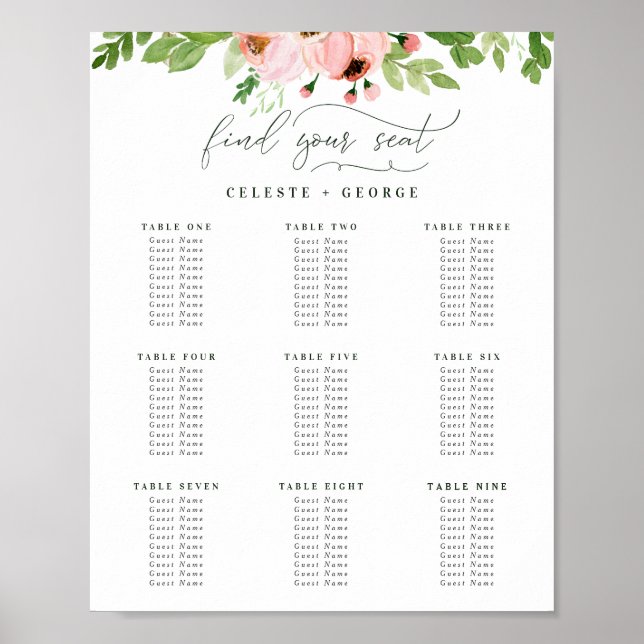 Hochzeitsstandplan für Aquarellgrün und Rosa Poster (Vorne)