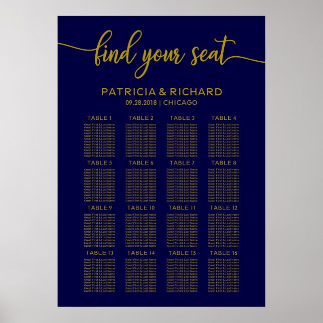 Hochzeitsstichtabelle Elegant Gold Navy Blue Poster (Vorne)