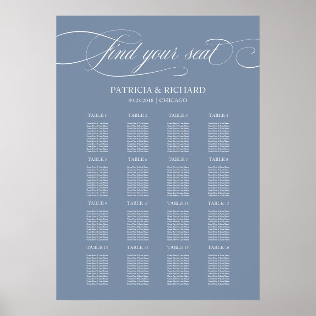 Hochzeitsstichtabelle Signieren Elegantes Dusty Bl Poster (Vorne)