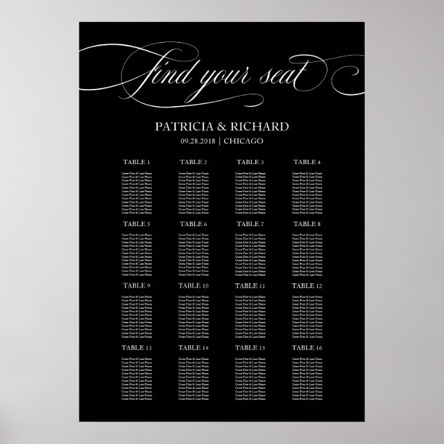 Hochzeitsstichtabelle Zeichen Elegantes Schwarz Poster (Vorne)