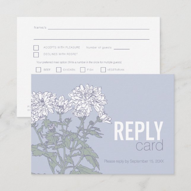 Hochzeitsstichtag chrysanthemum white wedding RSVP Karte (Vorne/Hinten)