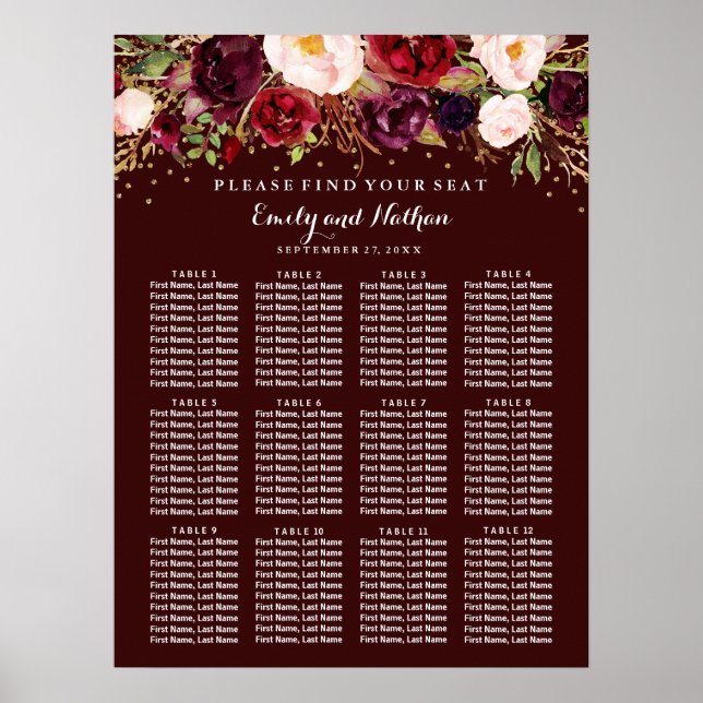 Hochzeitsstift Burgundy Gold Floral Poster (Vorne)