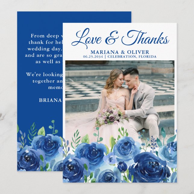 Hochzeitsstift Foto Dankeschön Card Navy Blue Flor Einladung (Vorne/Hinten)