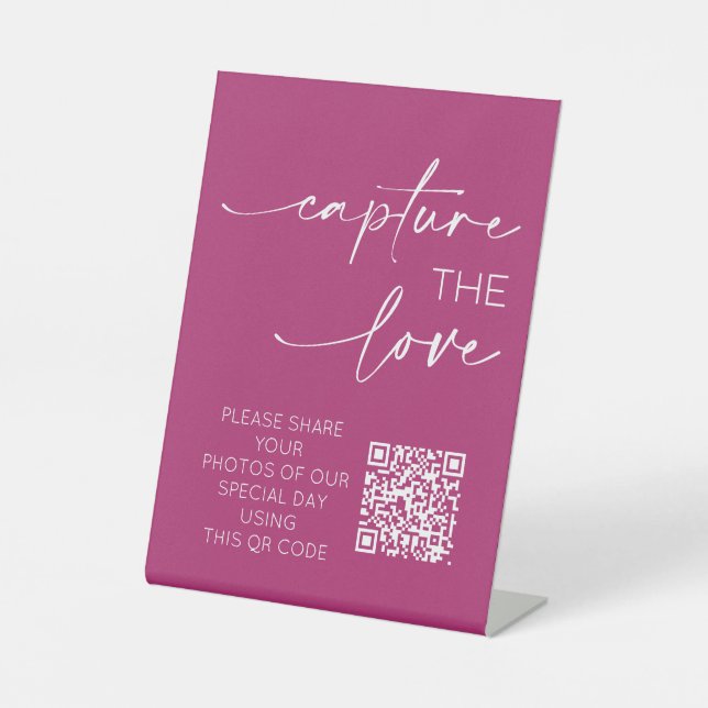 Hochzeitsstift QR Code Foto App Upload Berry Pink Sockelschild (Vorderseite)