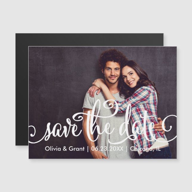 Hochzeitsstift Save the Date | Modern White Script Magneteinladung (Vorne/Hinten)