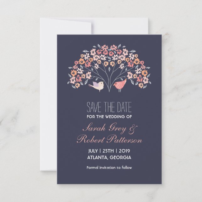 Hochzeitsstimmung in der Blue Love Birds-Blume ret Save The Date (Vorderseite)