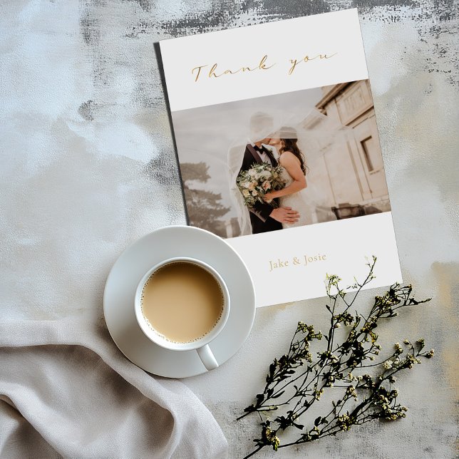 Hochzeitsstipendium, Foto, Goldschrift, Hochzeit Dankeskarte (Wedding "Thank you" card with gold script and wedding photo in the centre of 2 thick white borders)