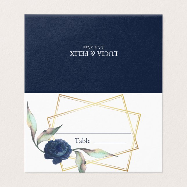 Hochzeitsstipps für Navy Blue Floral Golden Frame  Visitenkarten (Außenseite Aufgefaltet)