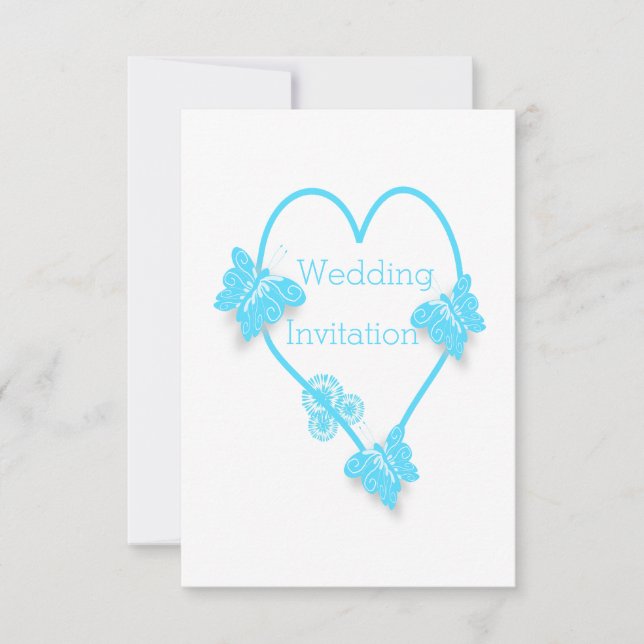 Hochzeitsszenarien für blaues Herz und Schmetterli Einladung (Vorderseite)
