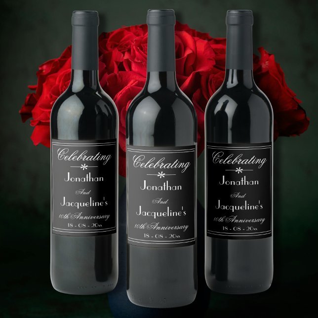 Hochzeitsszenario Party Skript Elegant Schwarz Weinetikett (For an Elegant Wedding Anniversary - Personalized Chic Black Wine Labels)
